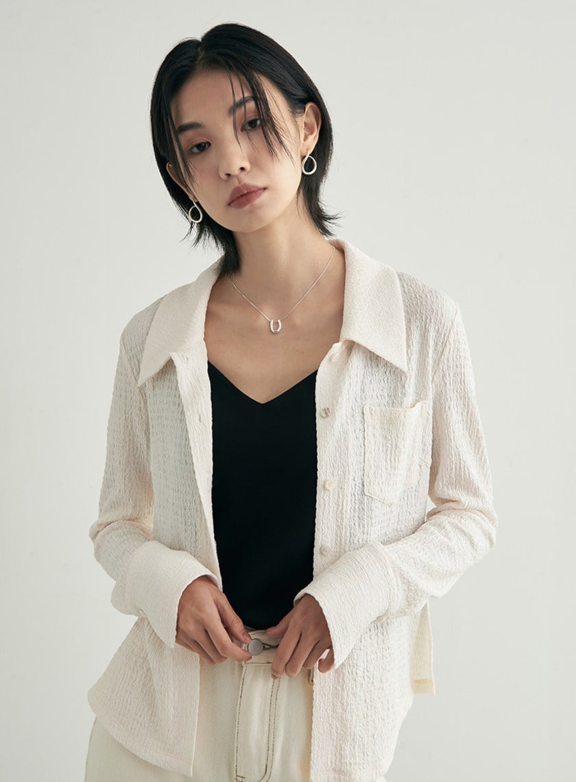 肌理感彈性長袖襯衫上衣